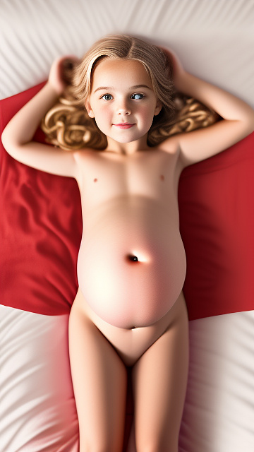 Realistic, detailed, 9-year-old blonde girl, in red peach dress, pregnant, laying in bed, top down full body view, red blush, right hand on belly   in custom style