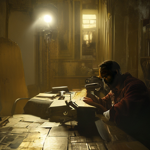 In a dark room, there is a telephone and a gun on the table. a man is sitting on a chair, and he is dead. in custom style
