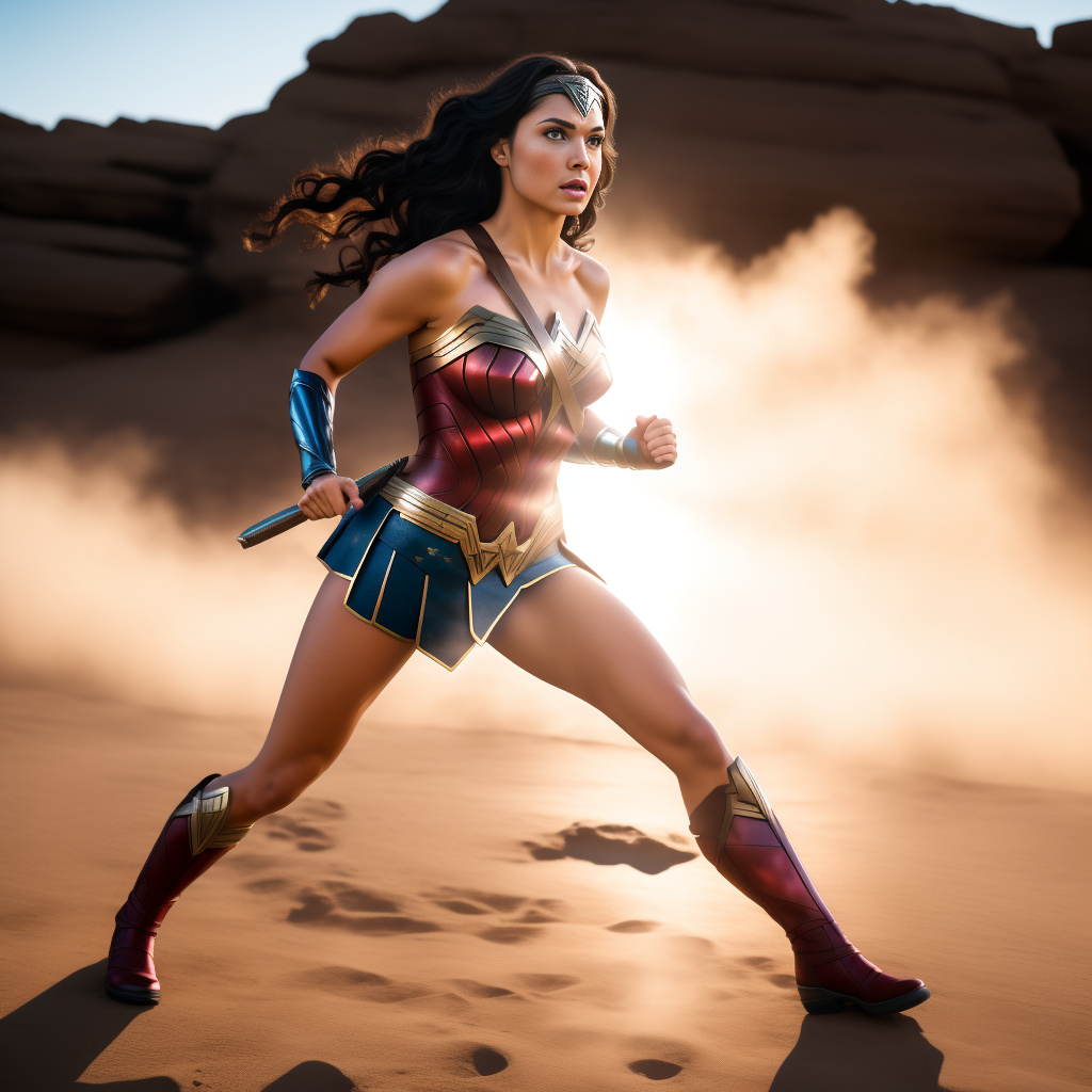 Wonder woman fight, hyper-realistic photo, (((full body)))
 in realistic style