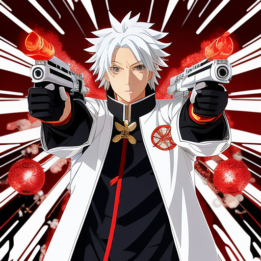 Anime- a white haired boy with a ice high tech gun, with a flaming fists, red eyes, wearing black and white clothes of gold and silver ornaments futuristic style

 in anime style