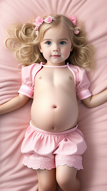 Realistic, detailed, 4-year-old blonde girl, pregnant, pink wedding outfit, showing belly, laying in bed, top down full body view in custom style