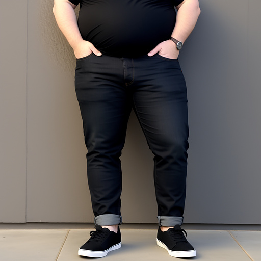 Full body visible. obese brown haired white man without beard in jeans with black shoes and with a massive belly that doesn’t fit in the jeans in custom style