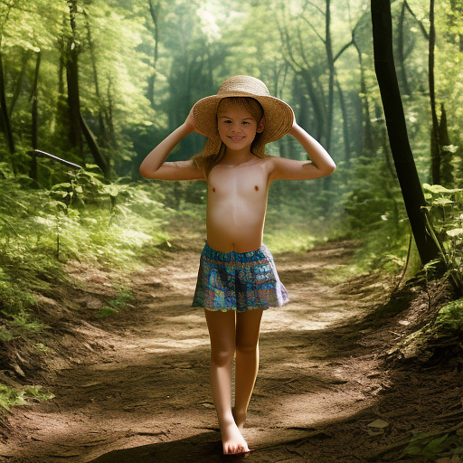 A 9-year-old girl is skipping along a forest path. she has a basket in her hands and a sun hat on her head. she's naked in custom style