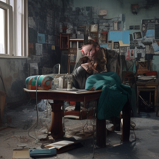 In a dark room, there is a telephone and a gun on the table. a man is sitting on a chair, and he is dead. in custom style