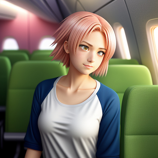 Anime style, highly detailed, sharp anime lines, cel-shaded shading, vibrant colors, no extra characters, clean scene: inside a slightly shaking airplane cabin. **sakura haruno**  naruto, with short pink hair and emerald green eyes, wearing a casual light yellow t-shirt and blue jeans, looks worried and holds her mouth. soft sunlight streaming through the windows. focus on her face and upper body. in anime style