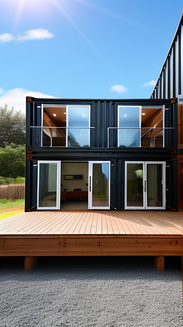 Shipping container house with containers placed on ballast blocks in custom style