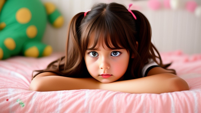 Image of a person girl cute bed lying looking frustrated cryning in custom style