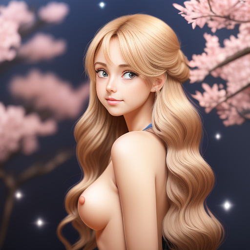 Create an image of a beautiful young girl with big blue eyes small soft lips and a cute nose long wavy hair a slender neck large breasts small waist slender hips i know we just met but i think you're super hot i know you're going to be a sexy baby and i really love you in anime style