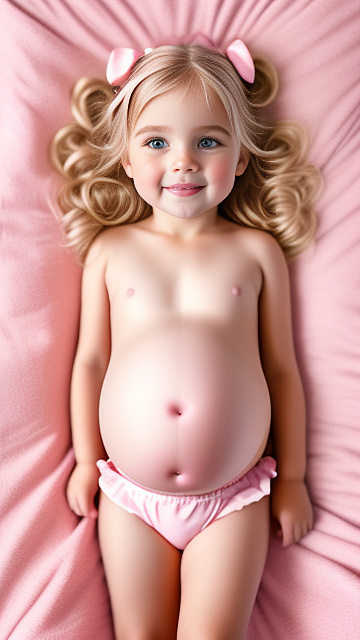 Realistic, detailed, 4-year-old blonde girl, pregnant, pink wedding outfit, showing belly, laying in bed, top down full body view, red blush, pink heart on cheek in custom style