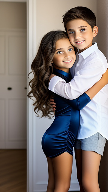 A romantic moment between a childhood couple. the very sexy hot 11 year old girl, wearing her super sexy clothes, hugging the 11 year old boy. in custom style
