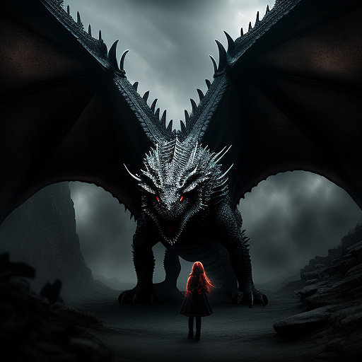 A frightened girl in the clutches of a scary dragon in sci-fi style