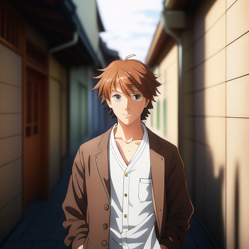 Young man with brown hair, wearing a tan coat with a white undershirt, grey pants, watching a small boy with orange hair and light blue eyes. anime style in anime style