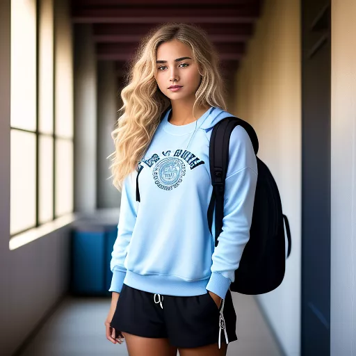 Extremely hot and devious blonde wavy hair high school girl wearing a sky blue sweat shirt and black super short shorts in a school hallway with a backpack and notebook with her boyfriend who is a football player with brown hair in angelcore style