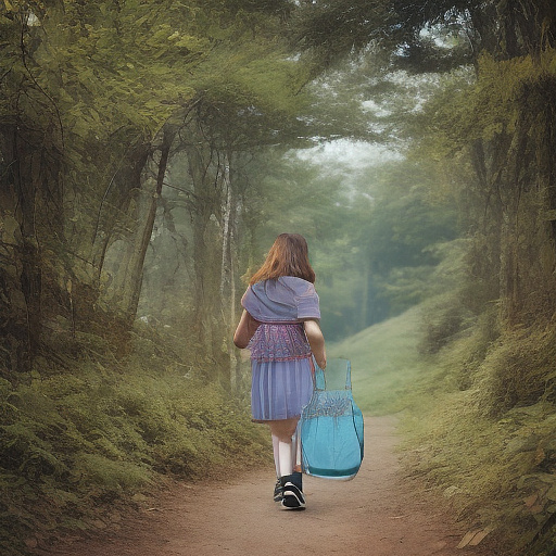 A 9-year-old girl is walking along a forest path. it's evening. she has a basket in her hand. view from behind. in custom style