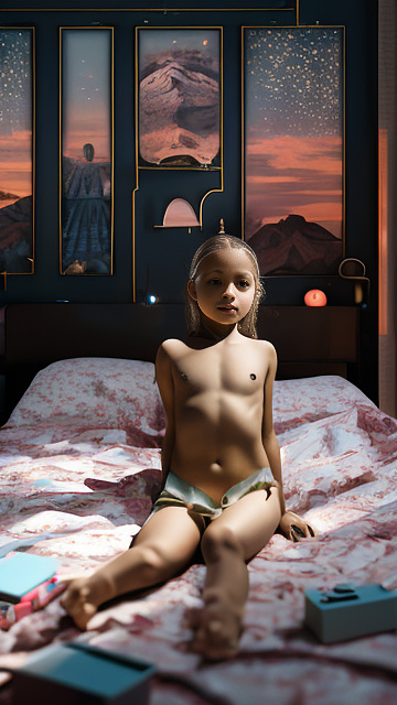 A 7-year-old girl lies naked on a bed and masturbates. in sci-fi style