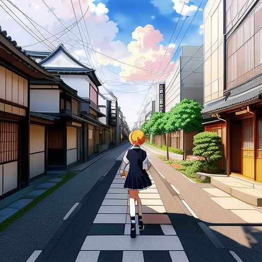Tokyo, real photo, girl coming back from school in anime style