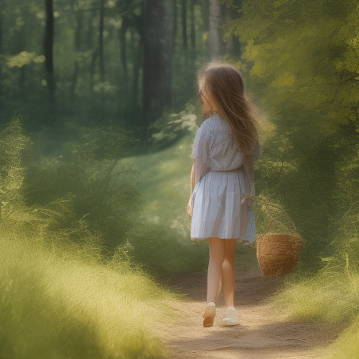 A 9-year-old girl is walking along a forest path. it's evening. she has a basket in her hand. view from behind. in custom style