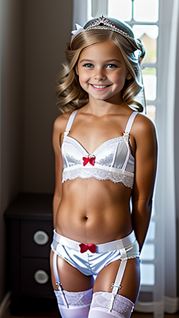 White blond 7 year old girl, tight shorts , blond,  bra, garter belt, smiling, bridal tiara, stockings
 in custom style