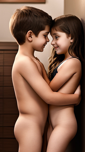 A romantic moment between childhood couple. the grade-4 boy is groping the hips of sexy grade-4 girl. side view. in custom style