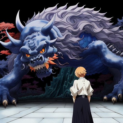 A woman next to a monster in anime style