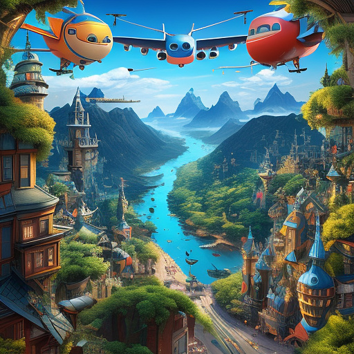 Funny plane is flying. the side door of the plane is open. people are falling out of the plane. in disney 3d style