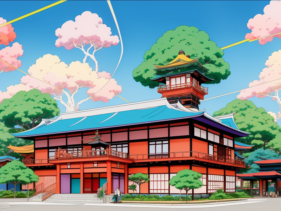 A colorful language institute for kids in anime style