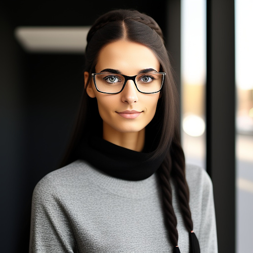 A 22 year old german girl with a black braid with glasses and brown eyes 1.70 tall thin in sexy clothing in custom style