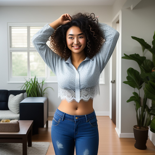 Sexy asian college student with her arms up and large boobs and short curly hair and in a cropped long sleeve loose lace shirt and jeans pants and showing her whole belly and standing in the living room and full body picture in custom style