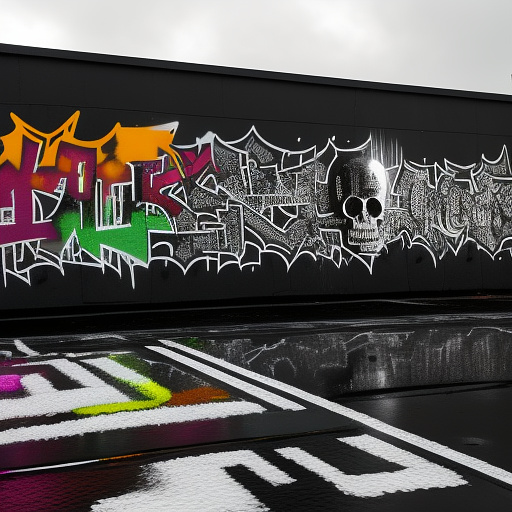 "photo-realistic image of a full-scale graffiti production on a black-painted concrete bridge wall, viewed from across the street. a skull is formed entirely from small overlapping calligraffiti, gothic tagging, and urban typography reading 'srcuen cuen street talent st somos la calle', painted in white with fat cap spray. raw expressive strokes, visible spray mist, pressure lines, heavy drips, splatter, and wet paint reflections. the entire wall is 100% saturated with intricate graffiti. macro detail texture, direct light, frontal composition, no digital fonts." in bw photo style