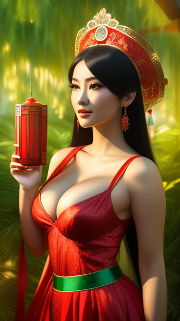 A beautiful cosplay of a chinese goddess holding a red lantern and a stick. she is wearing a light green and gold outfit with a big cleavage. her hair is long in the wind and there are flowers around her.ue5,big bust,big cleavage,big chest,bare,slender body,white skin,very realistic,full body and smile,bright background. in disney 3d style