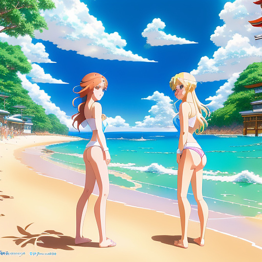 Young girls in thongs on the beach  in anime style