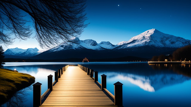On lake pier overlooking very wide blue hazy lake with snow capped mountains in the distance on a dark night in custom style