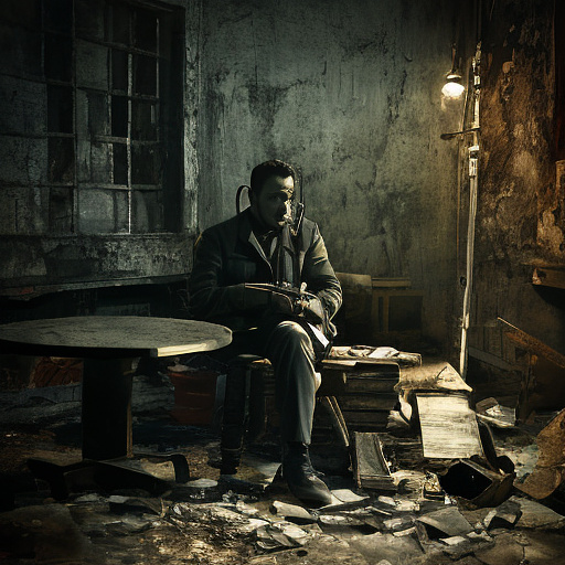 In a dark room, there is a telephone and a gun on the table. a man is sitting on a chair, and he is dead. in custom style