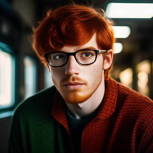 Nerdy ginger teenage boy with messy red hair, green glasses and scruffy facial hair and freckles dressed in nerdy clothes. in sci-fi style