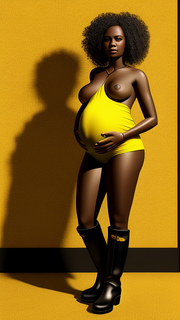 Realistic, detailed, pregnant, black skinned, nude, yellow boots,  in custom style