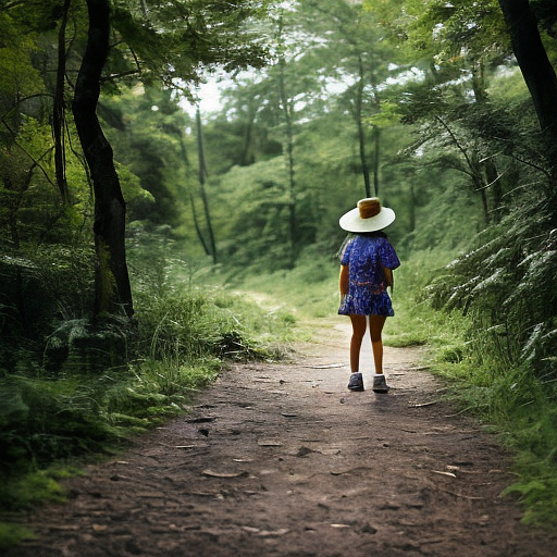 A tired 9-year-old girl is walking along a forest path. it's evening. she has a basket in her hand. she's wearing a panama hat. view from behind. in custom style