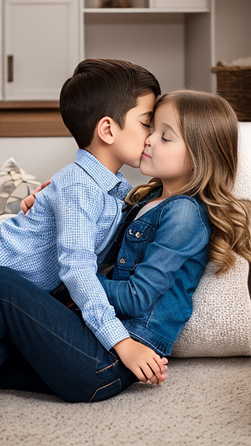 A romantic moment between childhood couple. the grade-5 boy is kissing his sexy grade-5 girlfriend,  in custom style