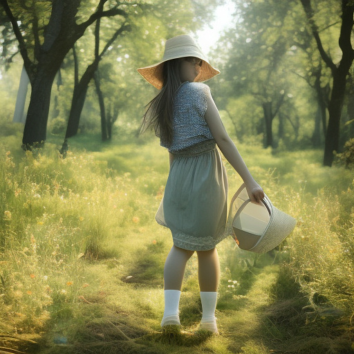 A girl is skipping across a sunny lawn. she has a basket in her hands and a hat on her head. in custom style