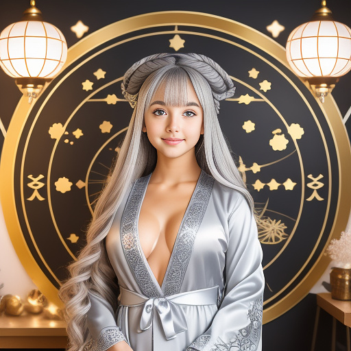 A cute young woman (gray haired) (mystical robes with intricate star designs) is in her workshop with many star observation tools and a huge tome of astrological signs before her
 in anime style