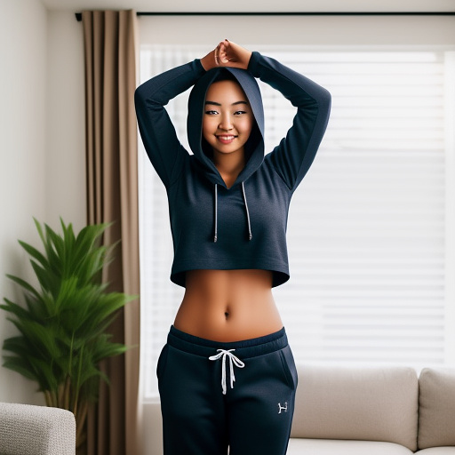 Sexy asian college student with large boobs and her arms up and in a long sleeve cropped hoodie and sweatpants pants and showing her whole belly and cleavage and her legs and standing in the living room and full body picture in custom style