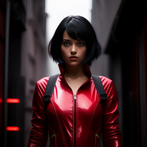 1girl, red survival suit, black hair, short hair, red pupils, red aura, dark alley background in angelcore style