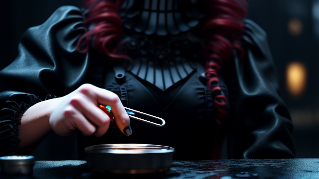 Extreme close-up of a scarred female hand assembling a shattered pocket watch in a rain-soaked lab. neon-blue gears glow. cyberpunk aesthetic, cinematic lighting, 8k -- ar 16:9 in gothic style