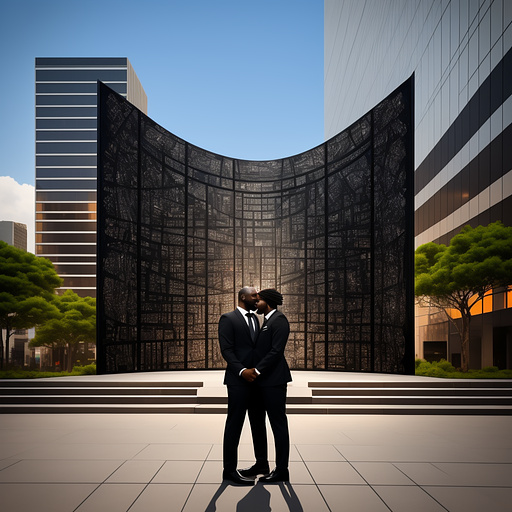 Black man and woman sharing joy of intimacy, in front of a large metal sculpture with a modern building in the background. wearing classic outfit suit type. in anime style