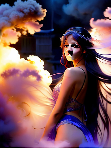 Beautiful young woman veiled dancer with long untidy dark hair, background swirling coloured smoke photo realistic studio lighting 8k  in anime style
