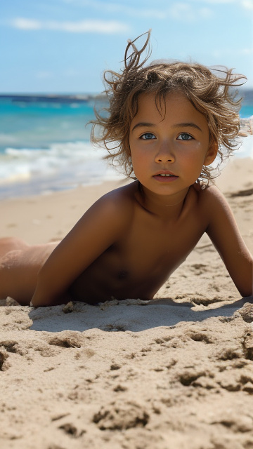 A naked 9-year-old girl is lying on the beach. in custom style