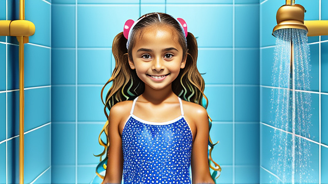 Cute 10 year old girl with onepiece swimsuit in shower in disney painted style