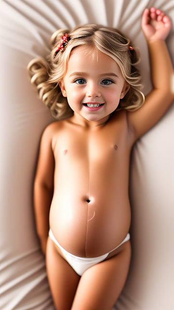 Realistic, detailed, 4-year-old blonde girl, pregnant, tan wedding outfit, showing belly, laying in bed, top down full body view, red blush, tan skin, mouth open, milk  in custom style