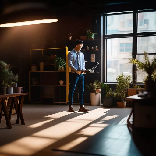 A man (standing on his head) in an office with thier desks and (strong and big light) in design kitchen style