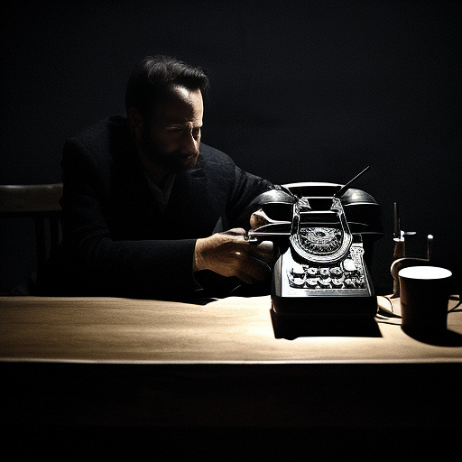 In a dark room, there is a telephone and a gun on the table. a man is sitting on a chair, and he is dead. in custom style