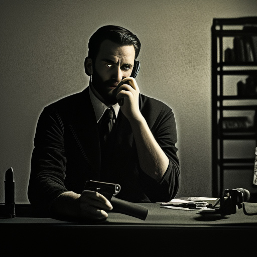 In a dark room, there is a telephone and a gun on the table. a man is sitting on a chair, and he is dead. in custom style